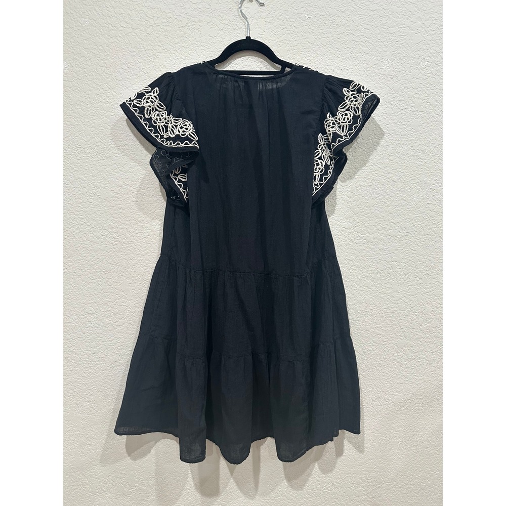 Gap Womens Black Floral Embroidered Tiered Cotton Gauze Mini Dress L Petite - Picture 2 of 7